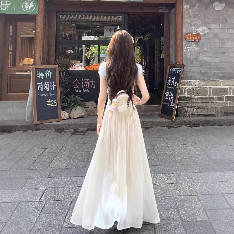 Apricot Super Fairy Streamer Gauze High-Waisted A-Line Skirt for Women Summer Elastic Waist Loose Versatile Slimming Look Long Skirt