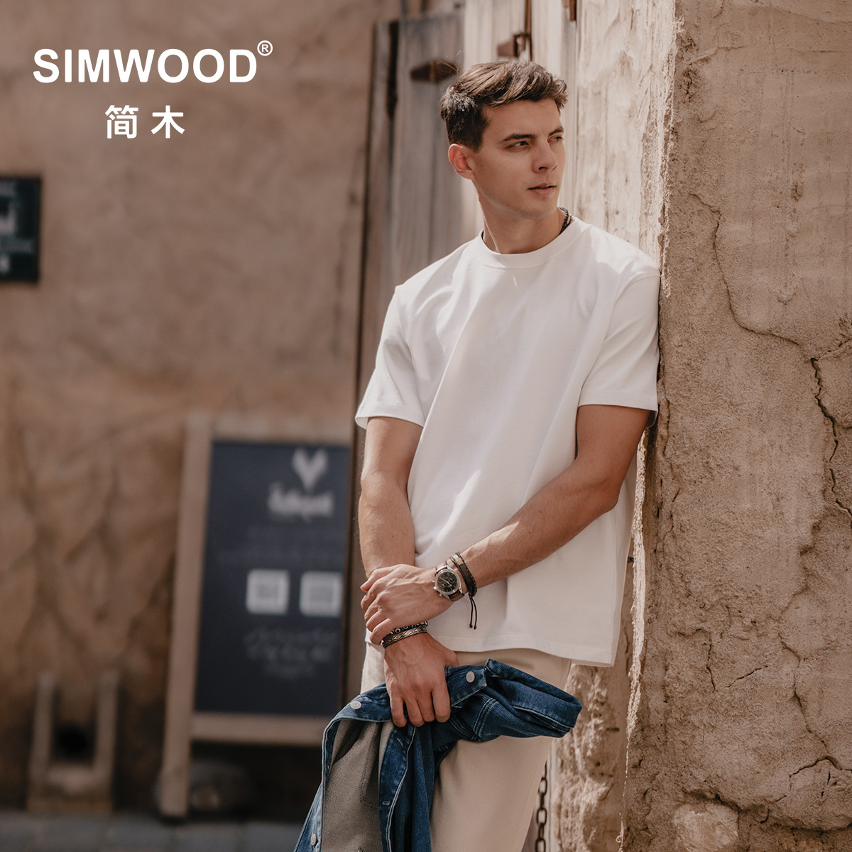 SIMWOOD/简木标准宽松 310g重磅基础纯色打底圆领短袖t恤SN120088