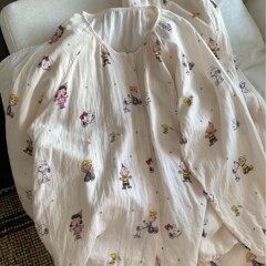 新品~快乐家族全棉双层纱圆领长袖长裤可爱睡衣女家居服可外穿