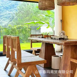 老榆木家用长方形餐桌实木复古民谣酒馆桌椅组合书房木桌民宿茶桌