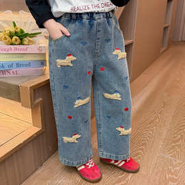女童腊肠狗牛仔裤2025春秋装新款儿童洋气卡通女宝宝休闲阔腿裤紫