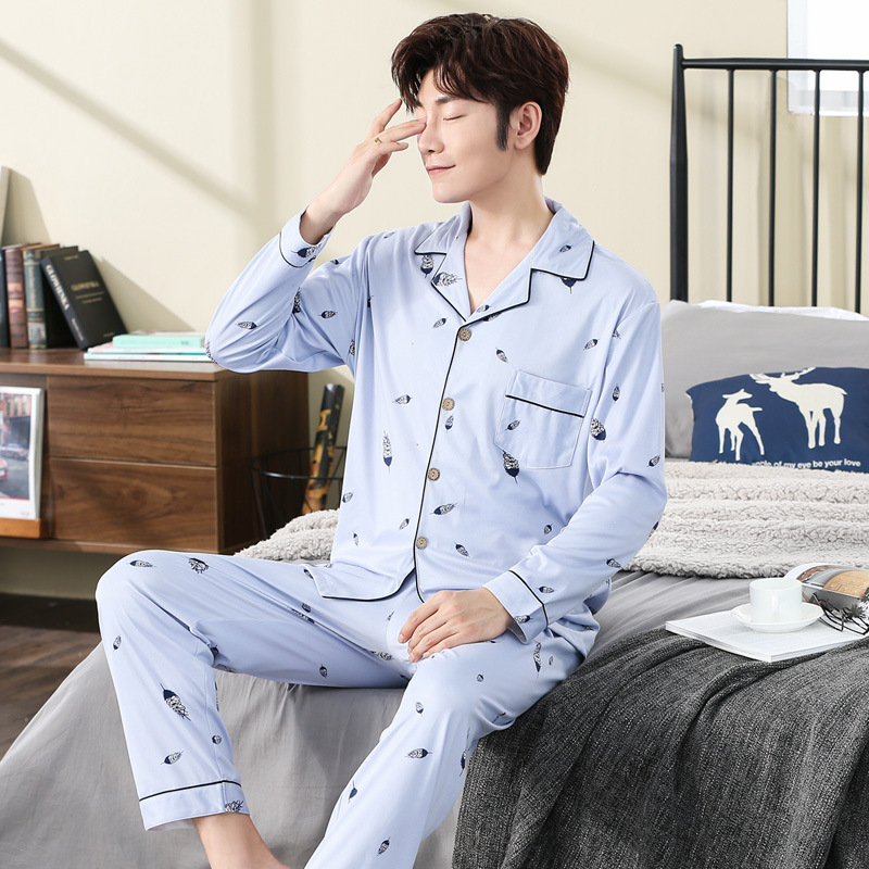 Pijamas de manga larga de los hombres de primavera y otoño de algodón cardigan casual Plaid elegante de los hombres desgaste del hogar de Otoño de algodón más traje de tamaño