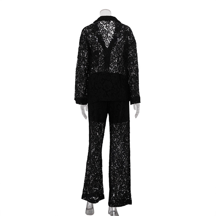 Lace See Through Two Piece Set Women Sexy Sexy Polo Collar Shirt Trousers Suit