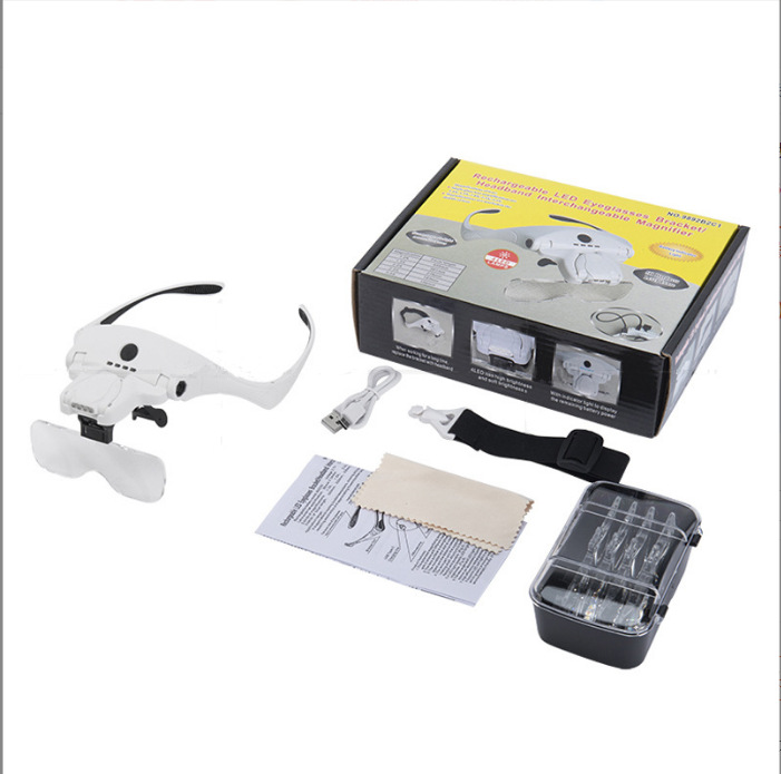 Reparación montado en la cabeza 4LED lámpara recargable lupa cinco juegos de lente óptica libro de lectura 9892B2C1