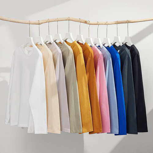 230g autumn Xinjiang combed cotton heavyweight round neck solid color long-sleeved men's T-shirt loose bottoming shirt one piece drop shipping