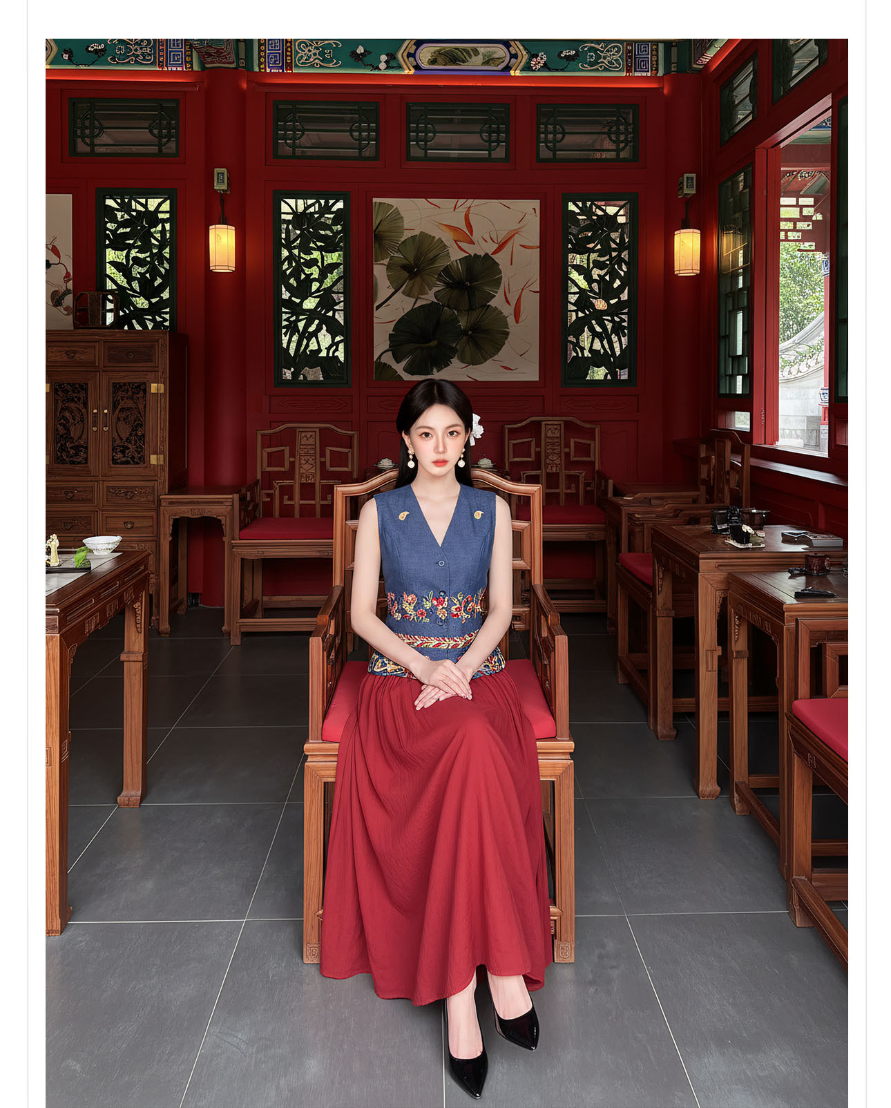 Bộ áo gile không tay và chân váy đỏ thêu hoa tân cổ điển — bộ đồ, nửa váy, Trang chủ chi tiết 9