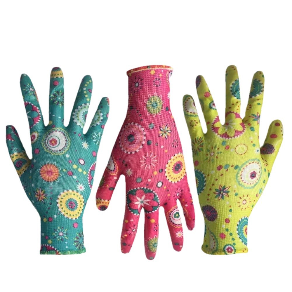 Guantes de jardín de nitrilo, 13 agujas, diseño para exportación a Rusia, fabricación Qingdao.