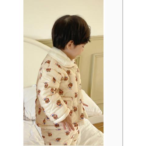 儿童三层夹棉卡通家居服韩版冬款男女童加绒加厚睡衣宝宝保暖套装|undefined