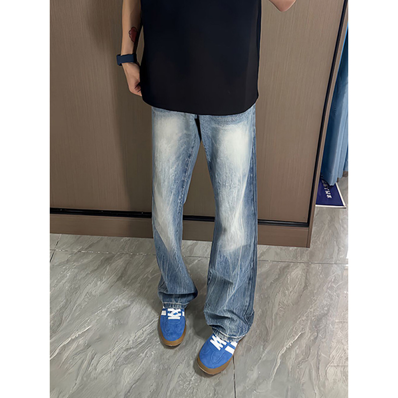Lightning Pattern Washed Jeans Men's Straight Loose American High Street Vibe Pants Trendy Brand Handsome Slimming Look Bootcut Pants