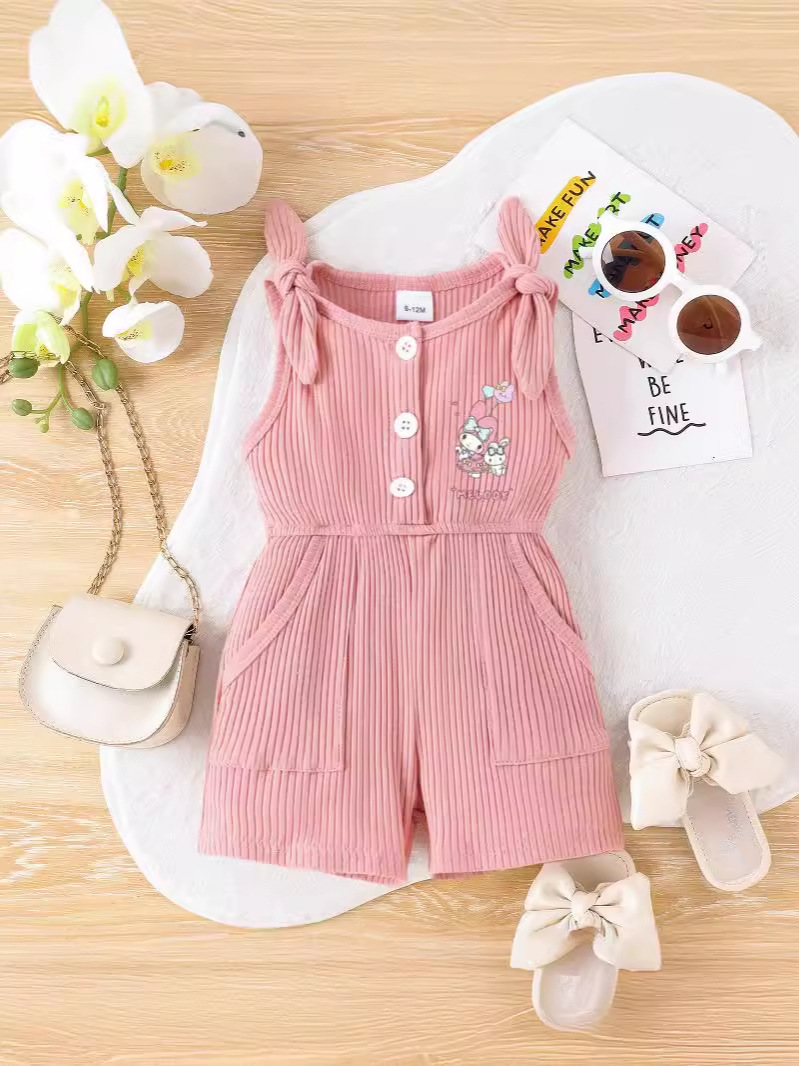 Fabricante de Ropa Infantil para Comercio Exterior 2025, Mono de Tirantes con Lazo para Niñas, Color Sólido, Informal