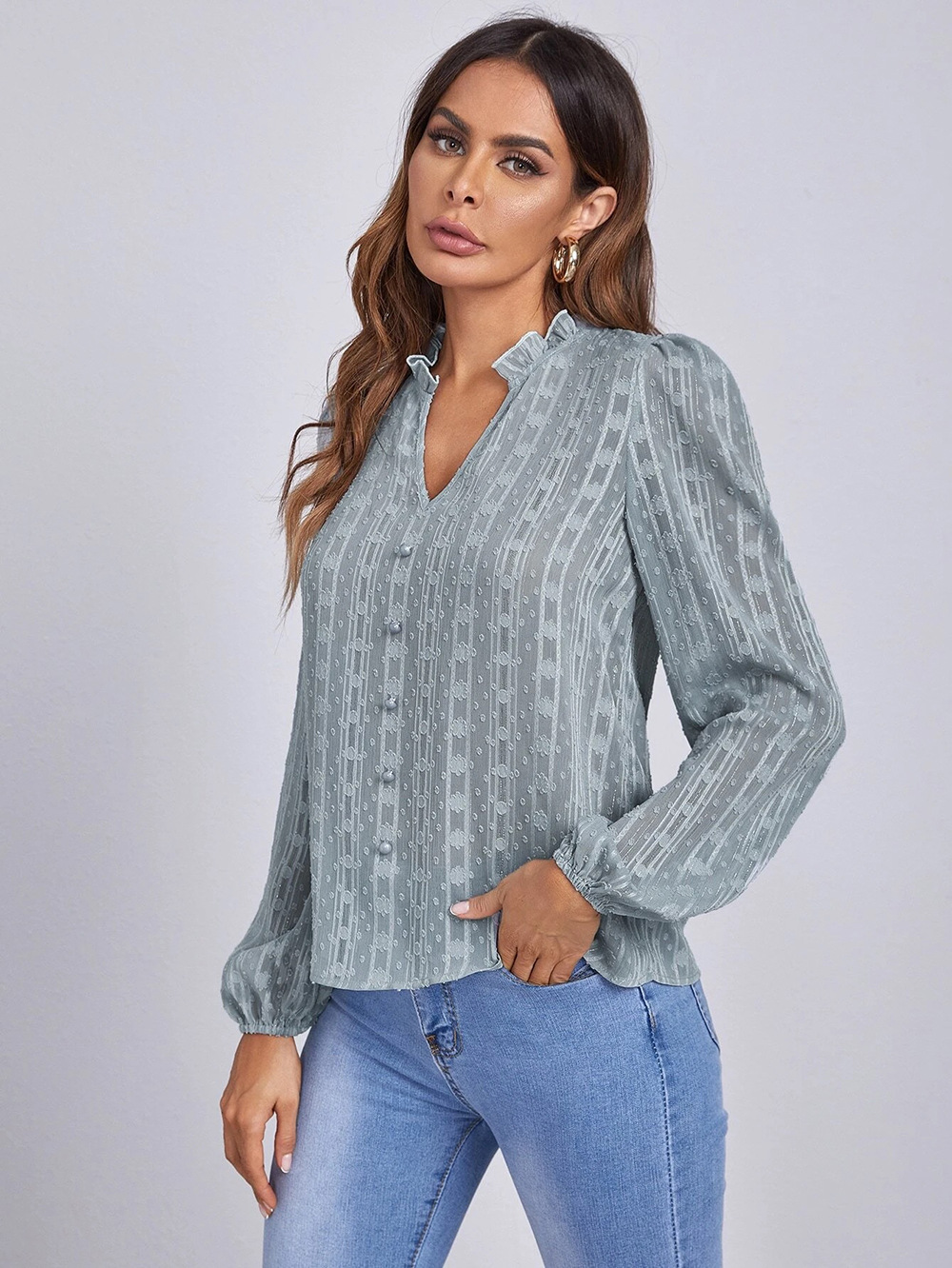 solid color long-sleeved V-neck chiffon striped lace commuter OL top  NSNCK118818
