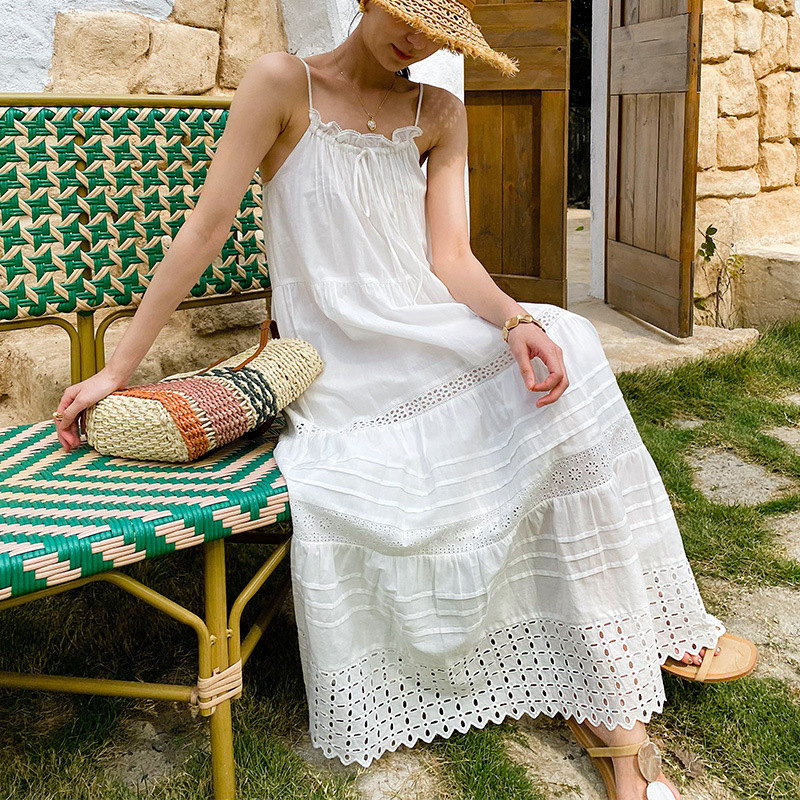 Pop Style White dress Women's Summer Seaside Holiday Beach Dress Sling dress Foreign Trade Cross-border Women's Long Dress
