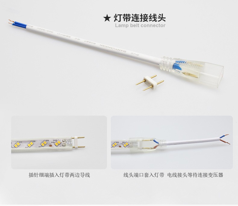 220V tira de luz 2835 tira de luz de alto voltaje cabeza de acoplamiento y cola accesorios de tira de luz LED estándar europeo 5050 enchufe a prueba de lluvia