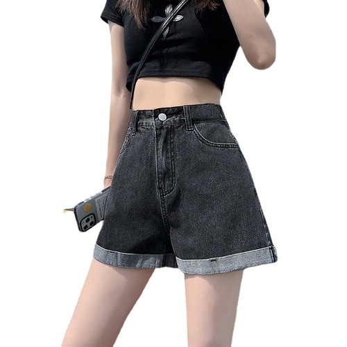 Curled jeans shorts women's summer loose Korean style student high-waist slim casual thin a-line wide-leg hot pants