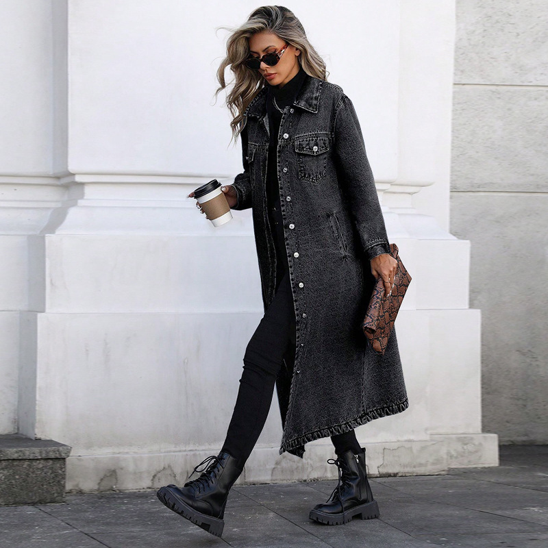 Elegant Long Denim Coat For Women, Mid Blue And Black Trench Style Jacket, Versatile Career Outerwear For Fall_ecoleips.com