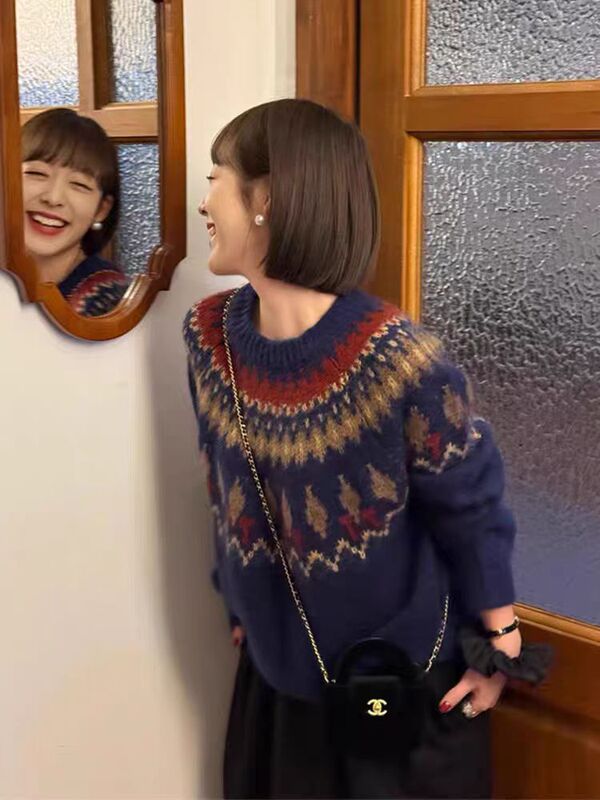 羊绒毛衣女25秋冬新款圆领打底衫加厚提花针织衫内搭上衣宽松撞色|undefined