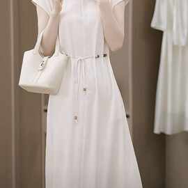 简约气质高级感减龄纯色腰带连衣裙女夏季2025新款修身过膝A字裙