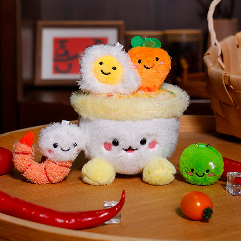 Nuevo arroz frito con huevo gourmet de simulación, tazón de arroz, juguetes de peluche, adornos, colgantes, gambas creativas, guisantes, refrigerador, regalo
