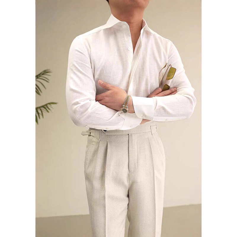 French-Style Old Money Cotton-Linen Crinkled Shirt for Men, Gentlemanly Style, Slim Fit, Long-Sleeved, British Retro, Breathable Linen Shirt