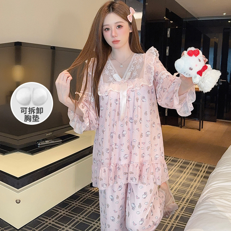 凌蕾春秋新款印花色蕾丝花边甜美宽松公主风网纱睡衣套装家居服|undefined