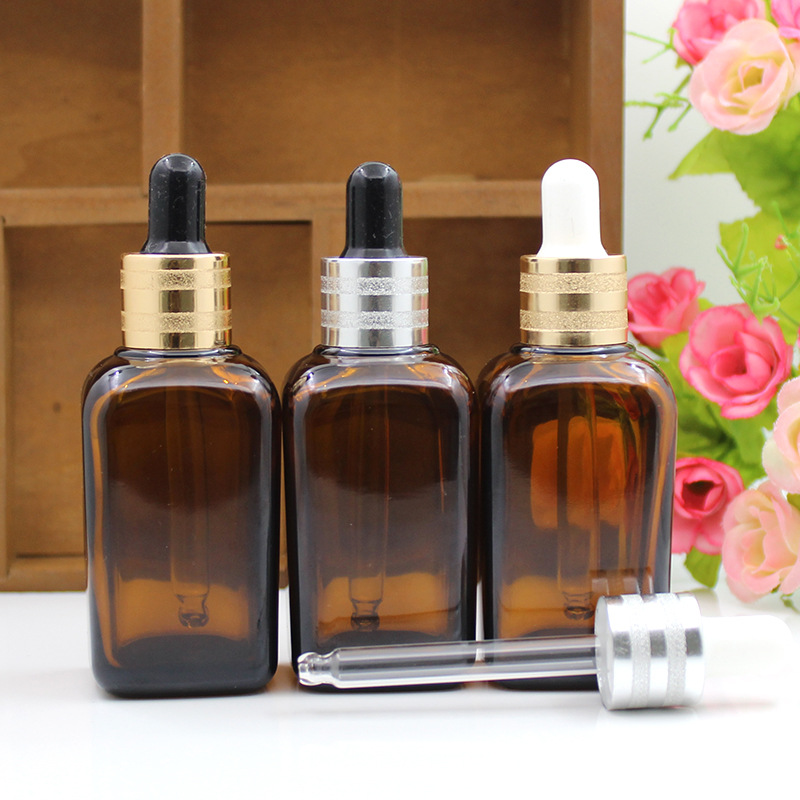 方形茶色精油瓶子50ml棕色化妆品精华液玻璃滴管分装瓶小样空瓶