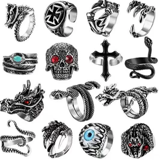 Retro Adjustable Ring Set, Punk Style, Alloy Electroplated, 16-Piece Mix (Adjustable)
