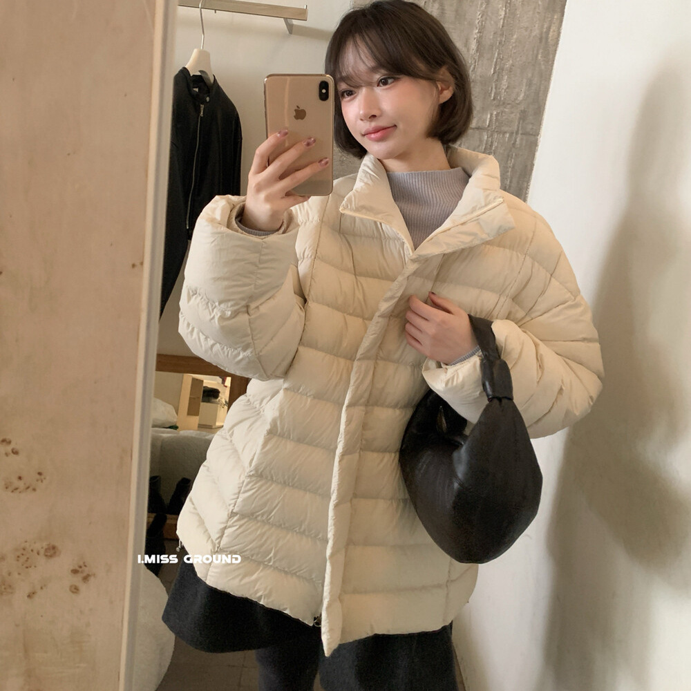 I Miss Korean Standard Cream Style Stand-Up Collar Rib down Jacket for Women 2025 Winter Loose Design Warm Jacket