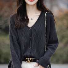 2025年春季新款纯棉线V领针织开衫卷边宽松纯色百搭上衣外套女