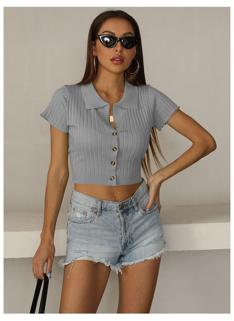 women s solid color lapel knitted bottoming short shirt nihaostyles wholesale clothing NSDMB79429