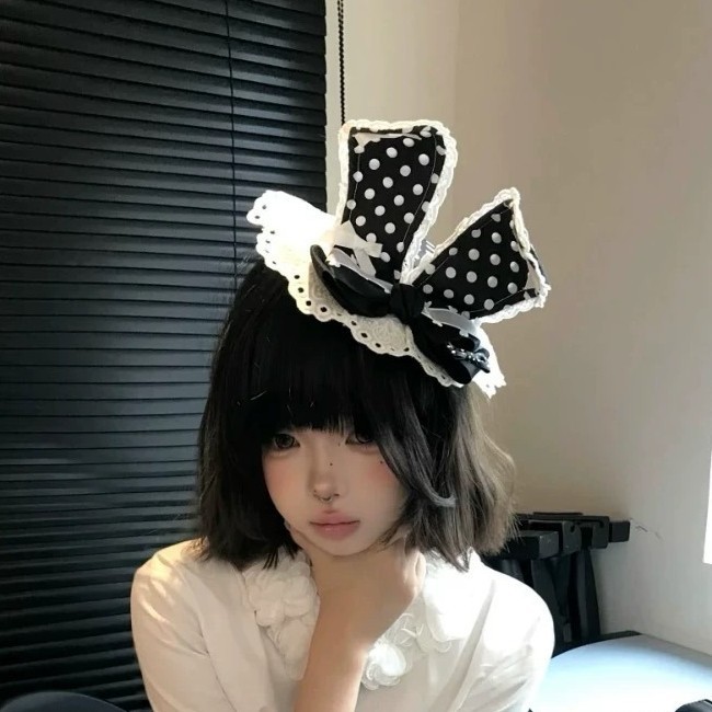 蝴蝶结花边波点兔耳洛丽塔配饰帽子春夏可爱发卡头饰甜美少女发夹|undefined