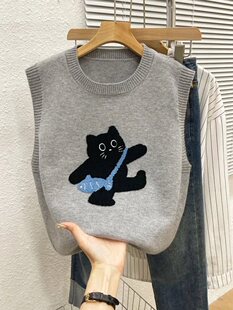 Kitten Embroidered Knitted Vest for Women Soft and Waxy Layered Sweater 2025 Spring Korean Style Age-Reducing Design Outer Vest