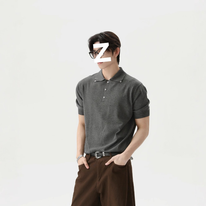 American Retro Niche Simple Polo Collar Short-Sleeved Loose T-Shirt Button Design Versatile Casual