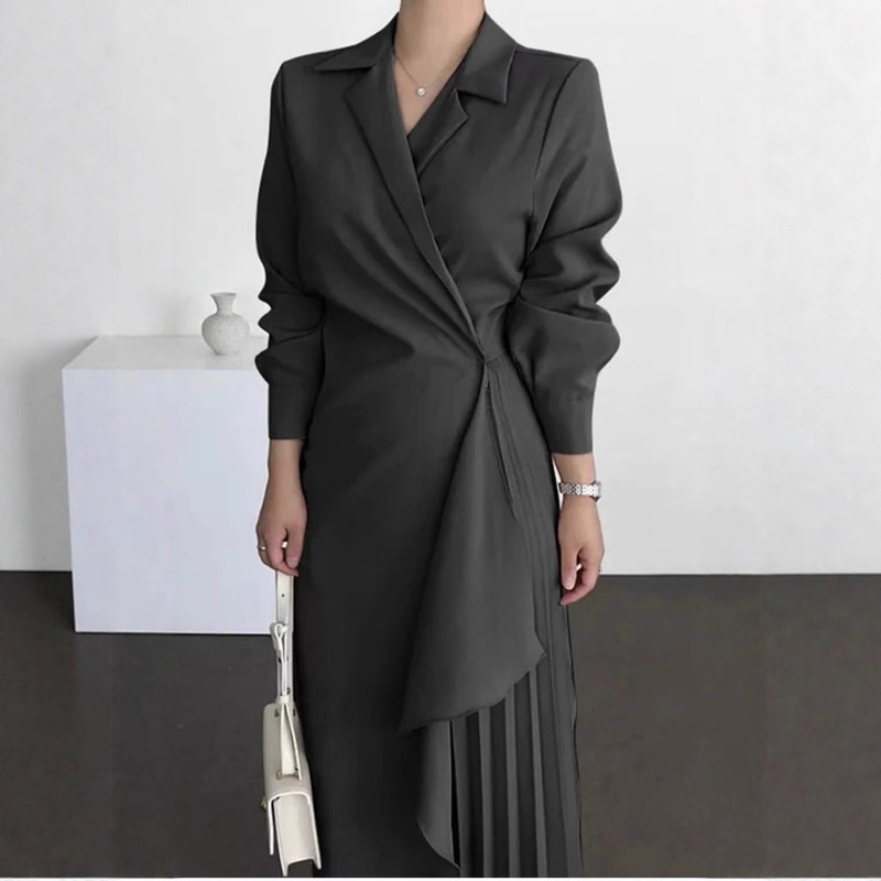 2025 New Women's Formal Elegant Shirt Dress Vintage Long Solid Color Waist Dress