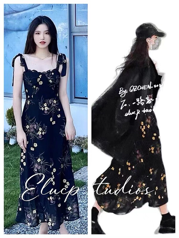 In stock special offer celebrity style long dress French retro strap floral print fishtail skirt swing dress 51223