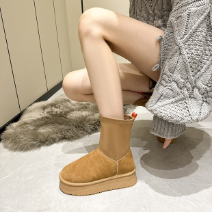 2024 New Thick-Soled Genuine Leather Snow Boots Women's Elastic Pencil Boots Winter Women's Fashion Student Shoes Trbottomy Women