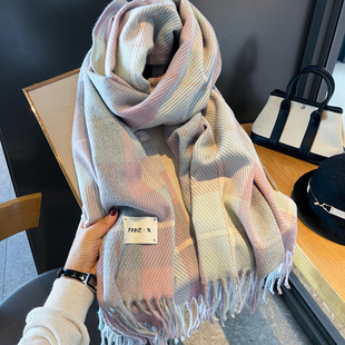 Nuojiji ~ Gentle Gray Pink Plaid Scarf for Women 2024 Autumn and Winter Warm Imitation Cashmere Student Scarf and Shawl Dual Use