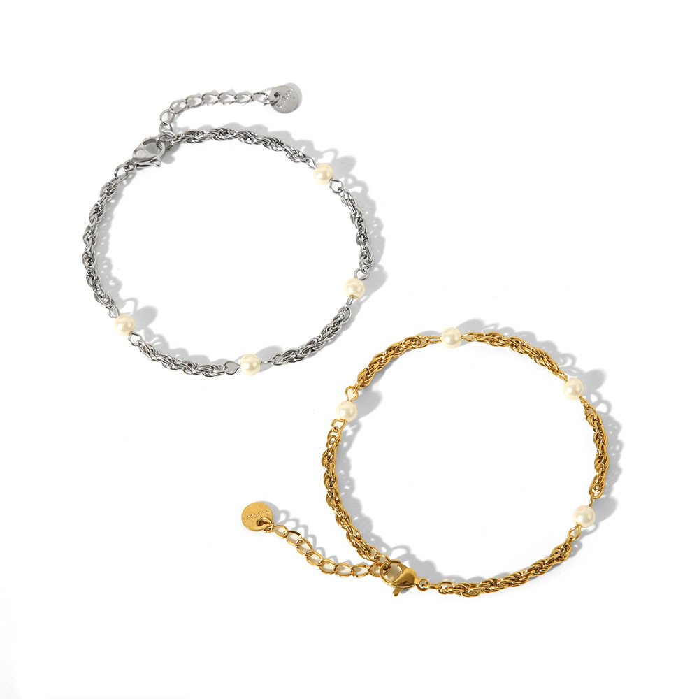 304 Stainless Steel 18K Gold Plated Basic Simple Style Commute Plating Inlay Geometric Artificial Pearls Bracelets display picture 1