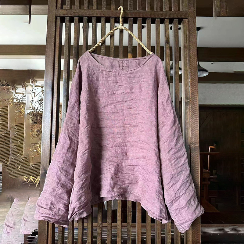 4102 homemade Four Seasons sand washed linen artistic women's shirt round neck mixed bottoming shirt
