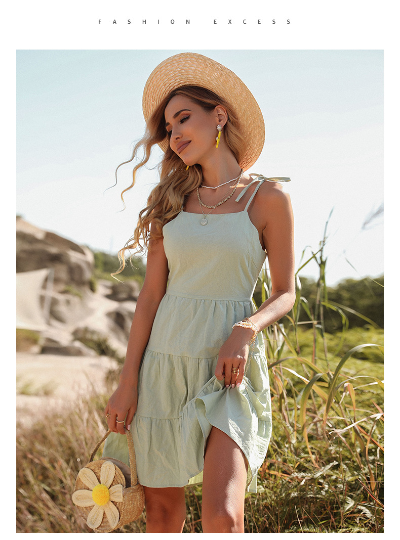 Sling Backless Lace-Up Solid Color Cotton Linen Dress NSDMB115461