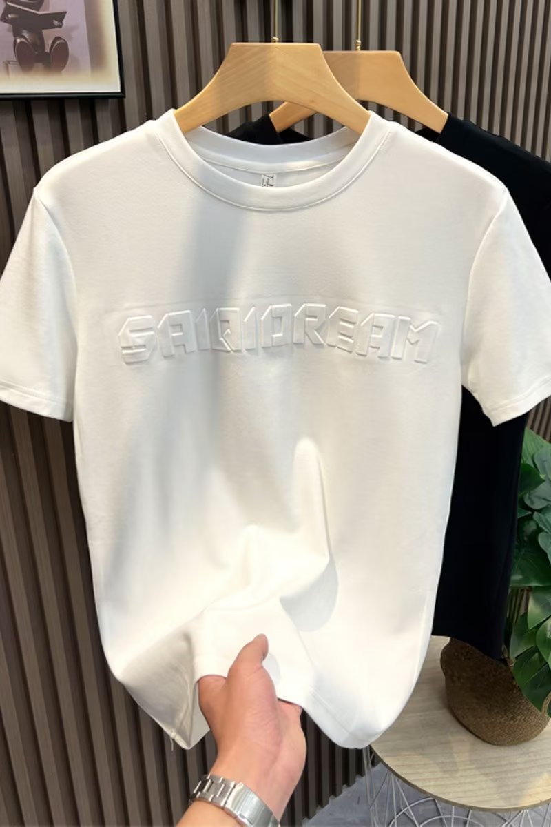T-shirt jeune col rond, Instagram quotidien, marque tendance lettres et chiffres, texte d'été, manches 5/4, standard pour hommes_voghion.com