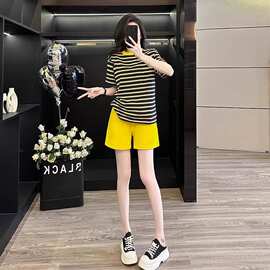 【2025现货】【牛奶丝面料】休闲运动套装女条纹袖短裤大码宽松两