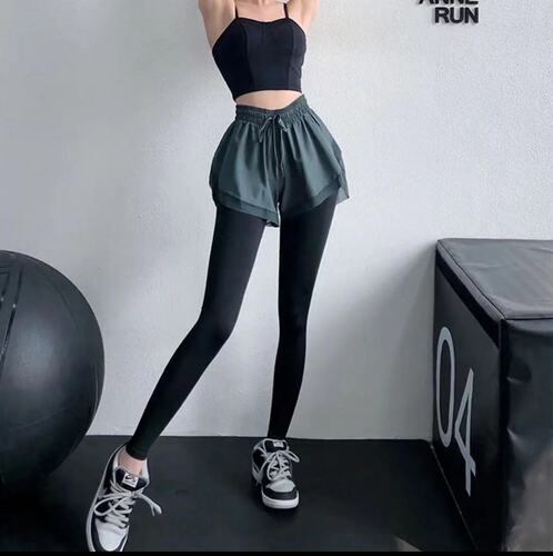 Women's two-piece fitness pants, elastic tight running exercise skirt pants, outerwear, quick-drying high-waist butt-lifting yoga pants
