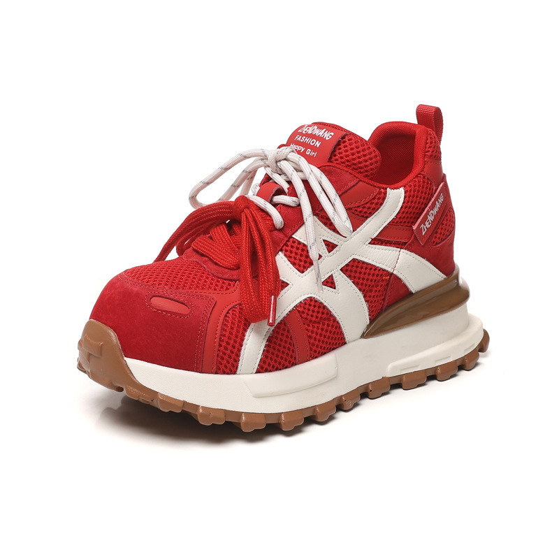 Giày sneaker nữ đế dày tăng chiều cao 9cm mặt lưới phong cách Forrest Gump — màu be