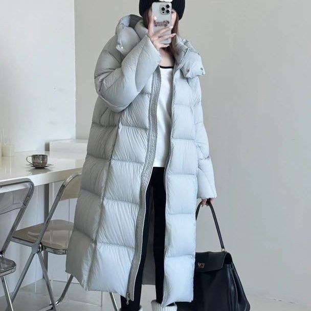 鹅绒云朵泡芙长款过膝羽绒服2025加厚新款冬季韩版长款宽松外套黑