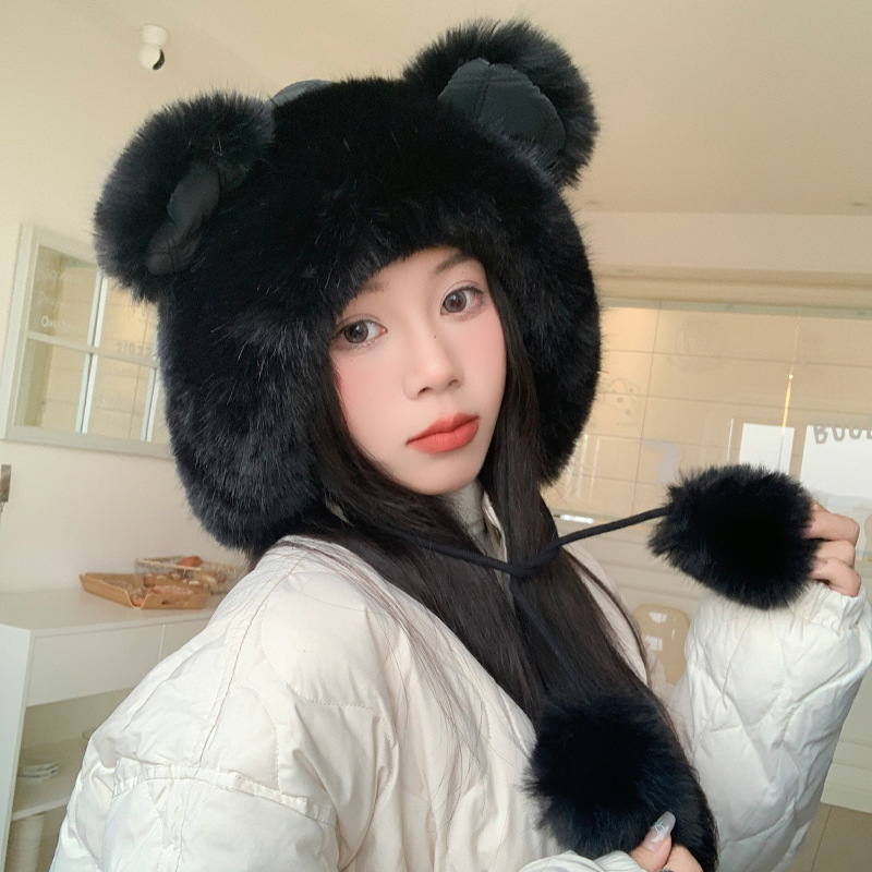 日系秋冬帽子女款甜美可爱熊耳朵套头帽加厚保暖帽防风护耳毛绒帽|undefined
