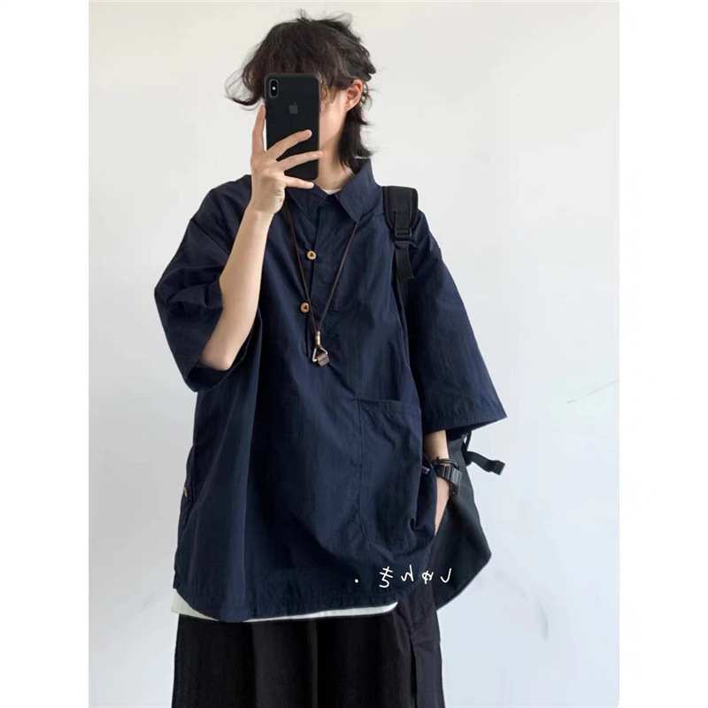 Japanese Style Retro cityboyPOLO Shirt Men's Summer Hong Kong Style Ins Loose Casual All-match Lapel Short-sleeved Shirt