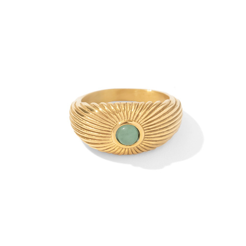 INS French style 18K gold-plated stainless steel natural green stone sun-shaped ring punk style ring for women