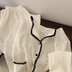韓国版のシンプルなコントラストカラーのカジュアルな女性用長袖パジャマ夏の新しいカーディガンズボン大きいサイズのゆったりとしたホームウェアセット
