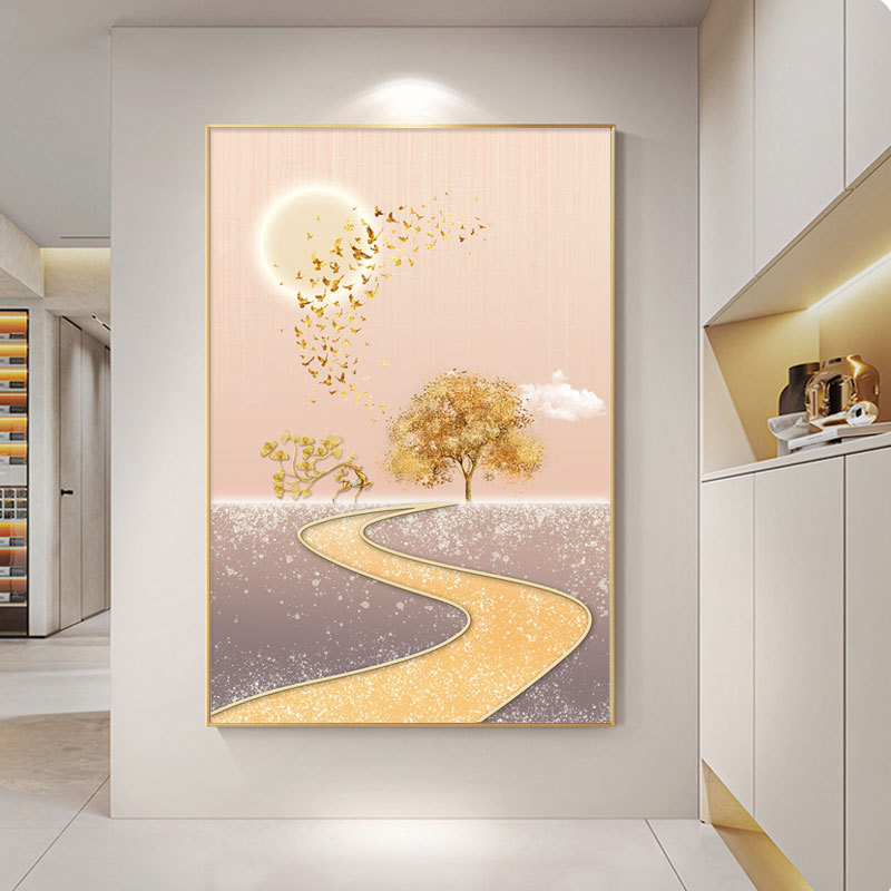 现代轻奢入户正对门玄关装饰画发财树挂画简约竖版走廊过道客厅壁