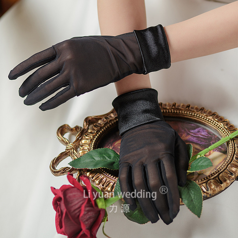 Nuevos guantes de novia para vestido de novia, guantes elásticos de satén simples negros de alta elasticidad para fotos, guantes elegantes para adultos